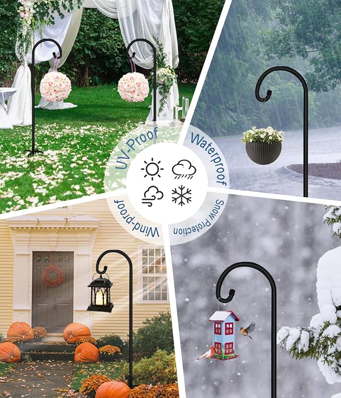 60 inch Outdoor Shepherd Hook with Upgraded 7 Prong Base (1 Pack), Adjustable Heavy Duty Garden Hanging Stake for Bird Feeder Solar Light Plant Hanger Wedding Decor, Matte Black