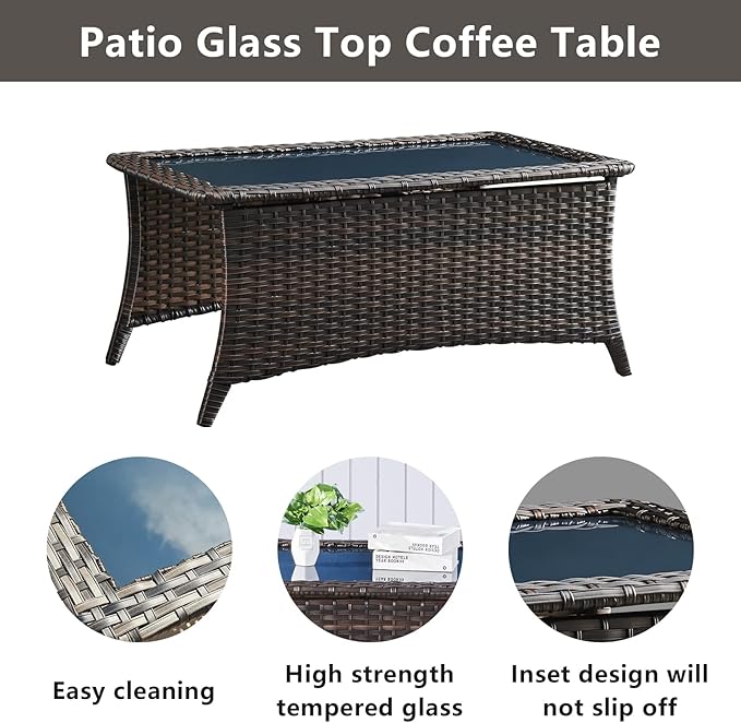 Wicker Patio Furniture Sets - 8 Piece Outdoor Rattan Furniture Conversation Sets with 4 Swivel Rocker Chairs, Rattan Sofa, Wicker Ottomans and Coffee Table, Brown/Beige