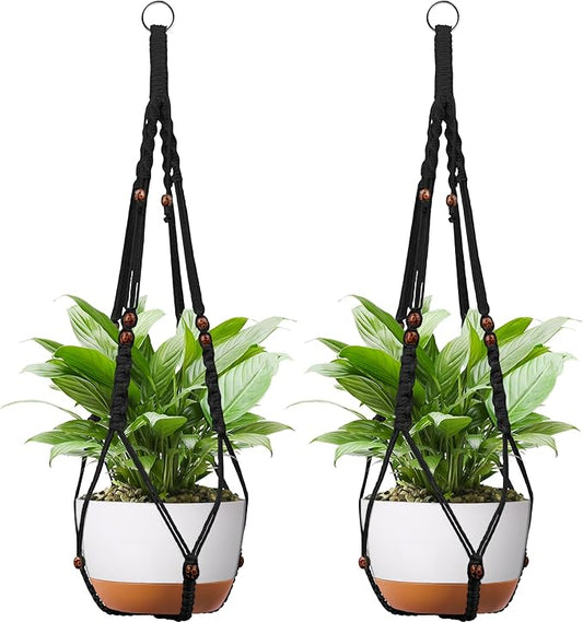 43 Inch Macrame Plant Hanger - Fits 6-15 Inch Pots, Extra Long Hanging Planter Holder for Indoor Outdoor, with Red Wood Beads, Boho Home Decor, 2 Pack, Black (POTS NOT Included)