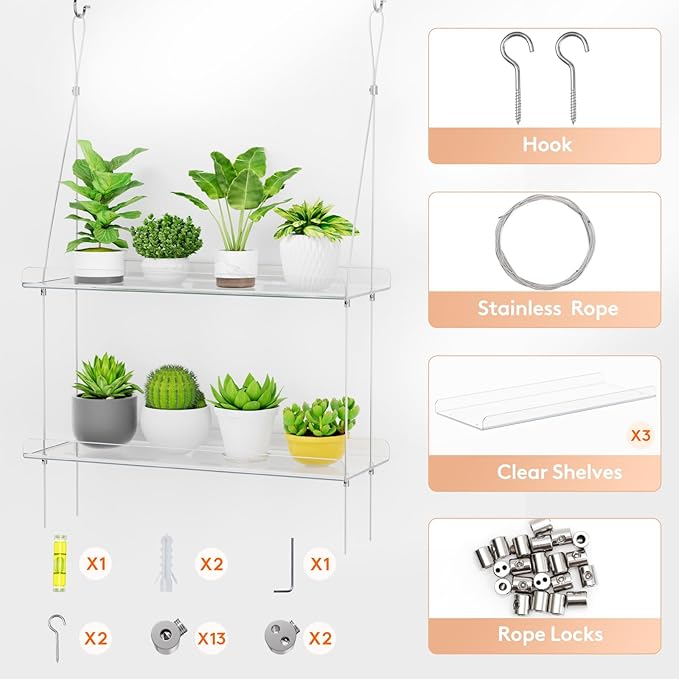 Lifewit 3-Tier Window Plant Shelves 15 inch, Acrylic Adjustable Hanging Floating Shelf, Window Sill Extender for Indoor Succulent Plants, Micro Greens, Seed Starter Pots, Herb Planters