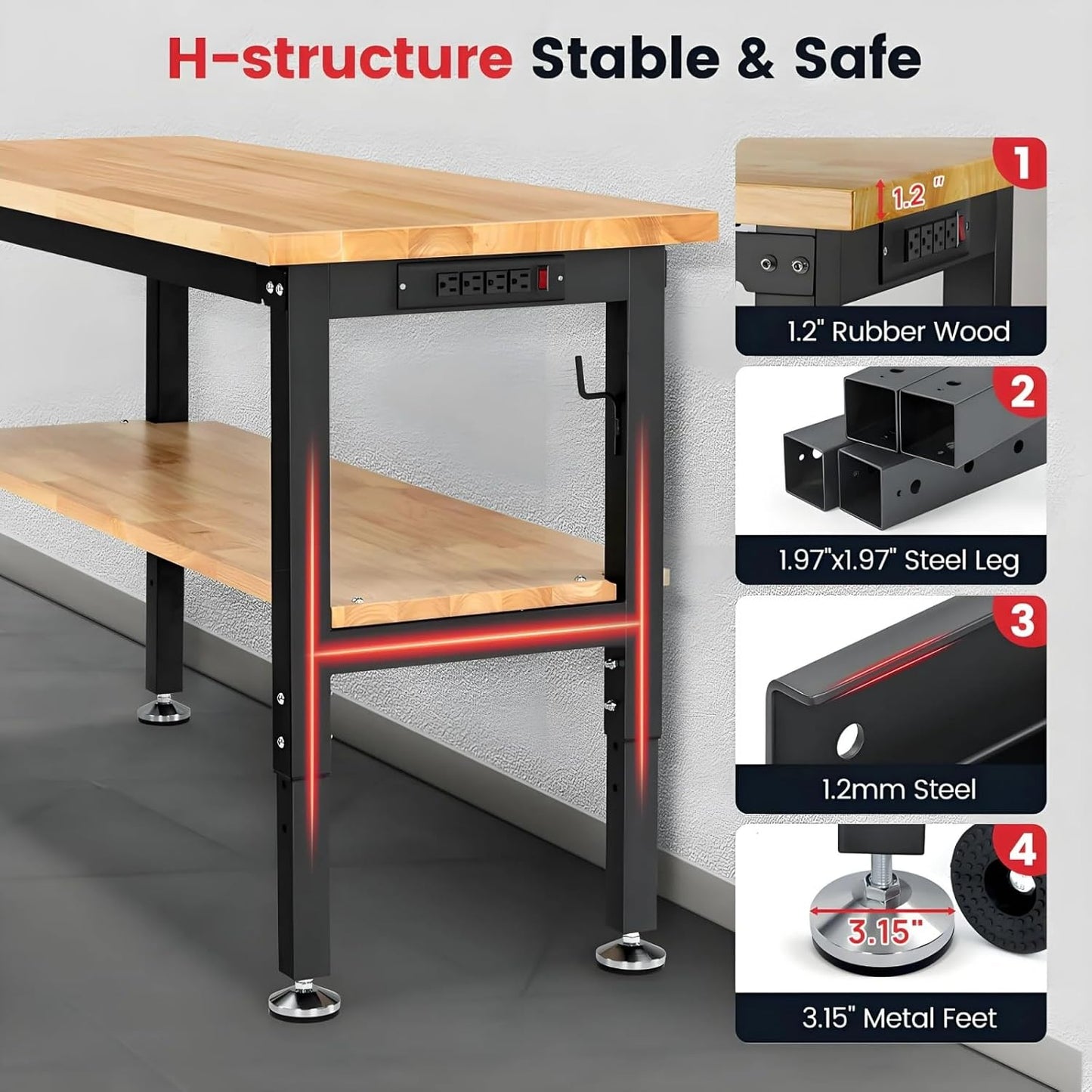48 Inch Workbench for Garage Adjustable Height Work Bench with Under Table Shelf Pegboard Power Outlets Work Table for Woodworking, Home, Office, Workshop