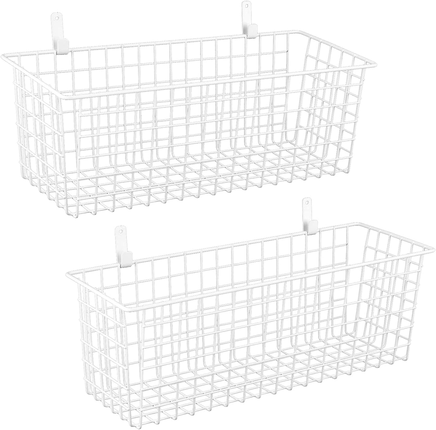 2 Sets Extra Large Hanging Wall Basket, White Metal Wire Baskets with Steel Hooks for Organizing, WallmountedFruit Vegetable Toy Snack Storage, Home Kitchen Bathroom Laundry Pantry Organizer
