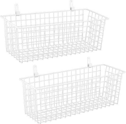 2 Sets Extra Large Hanging Wall Basket, White Metal Wire Baskets with Steel Hooks for Organizing, WallmountedFruit Vegetable Toy Snack Storage, Home Kitchen Bathroom Laundry Pantry Organizer