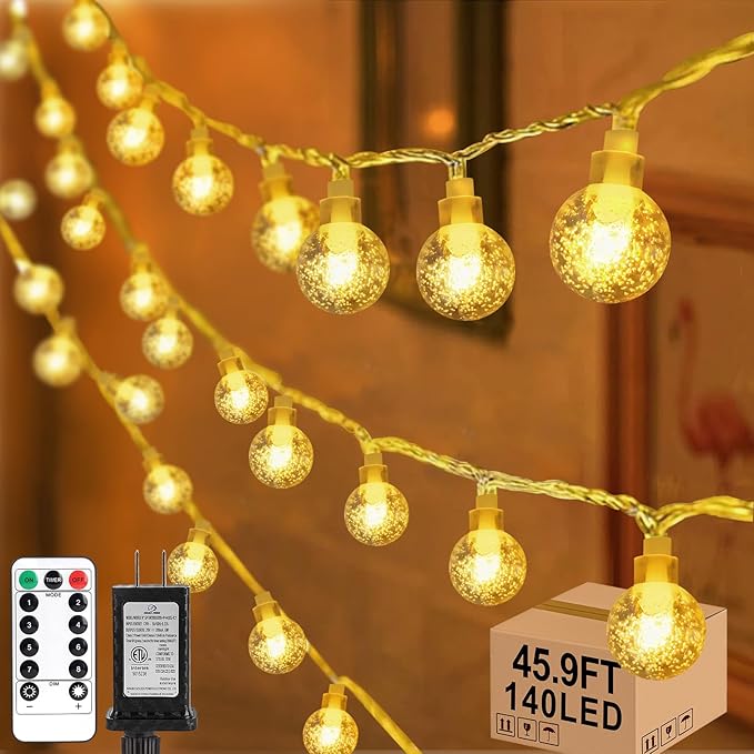 45.9ft 140LED Globe String Lights Outdoor,Crystal Fairy Light IP44 Waterproof Outdoor Hanging Decorative Lights for Home Tent Patio Garden Party Wedding Decor