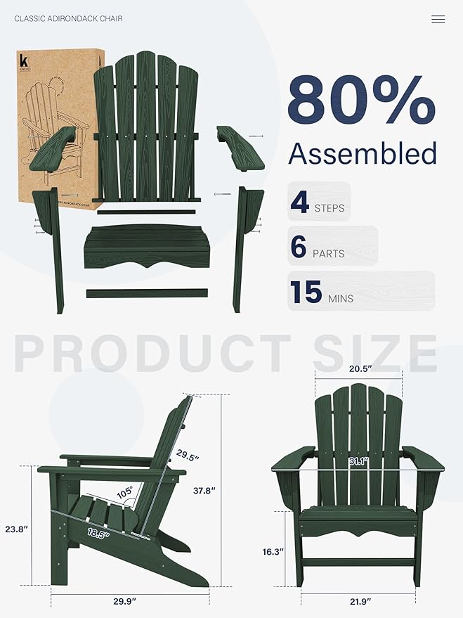 KINGYES HDPE Adirondack Chair Set of 2, Classic All-Weather Adirondack Chair, Green
