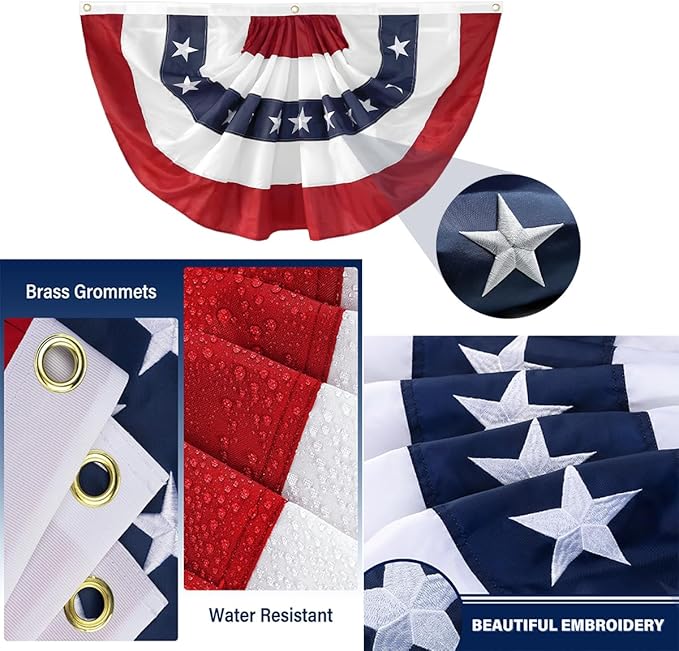 2x4Ft American Bunting Flag 4th of July Embroidered Stars USA Bunting Banner Patriotic Decorations Pleated Half Fan Flags Decor Outdoor Outside Porch Garden Window Independence Day Memorial Veterans
