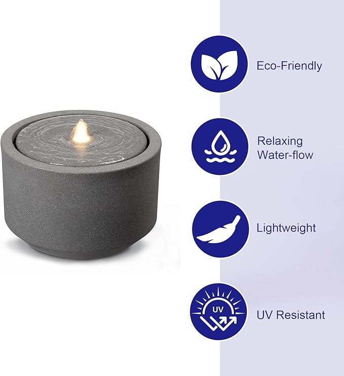 10.23” H Outdoor Water Fountain Made with Eco-Friendly Recyclable Materials, Polyethylene Round Bubbler Outdoor Fountain, Garden Decor with LED Light for Patio, Porch, Backyard