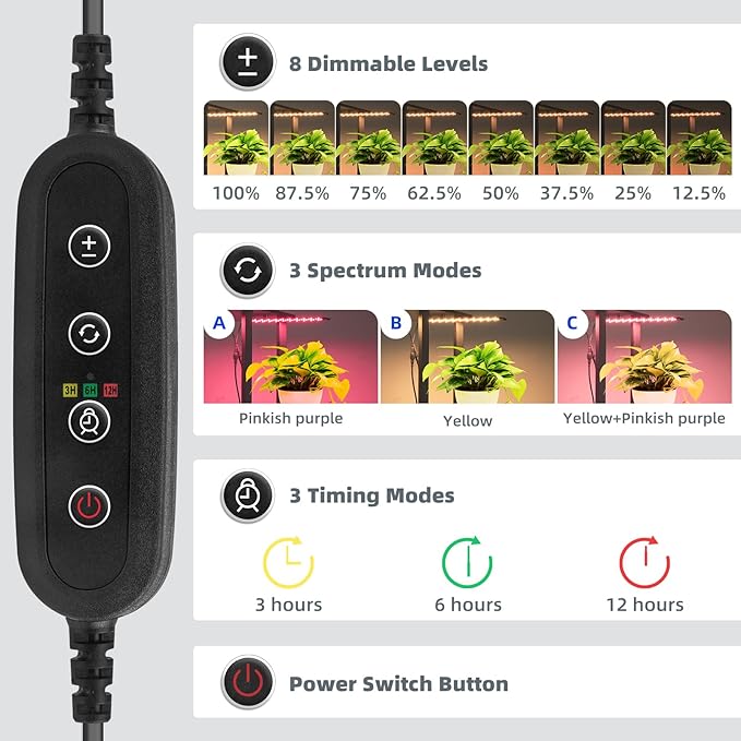 Barrina Plant Stand with Grow Lights Full Spectrum, 5 Tier Potted Corner Plant Shelf with Grow Lights Panel, Dimmable 24W (3 x 8W) LED Plant Light with Timer for Patio Garden, Living Room
