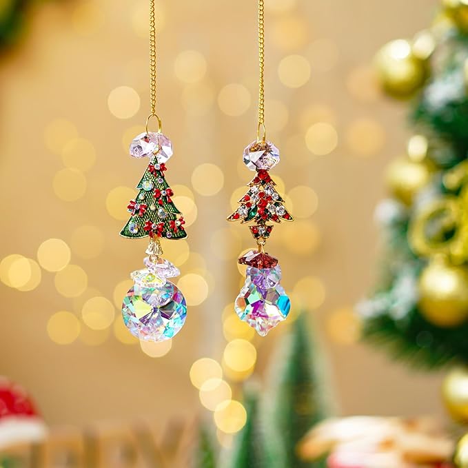 2PCS Rhinestones Christmas Tree Ornaments Suncatcher Prisms Hang for Tree Window Christmas Eve Party