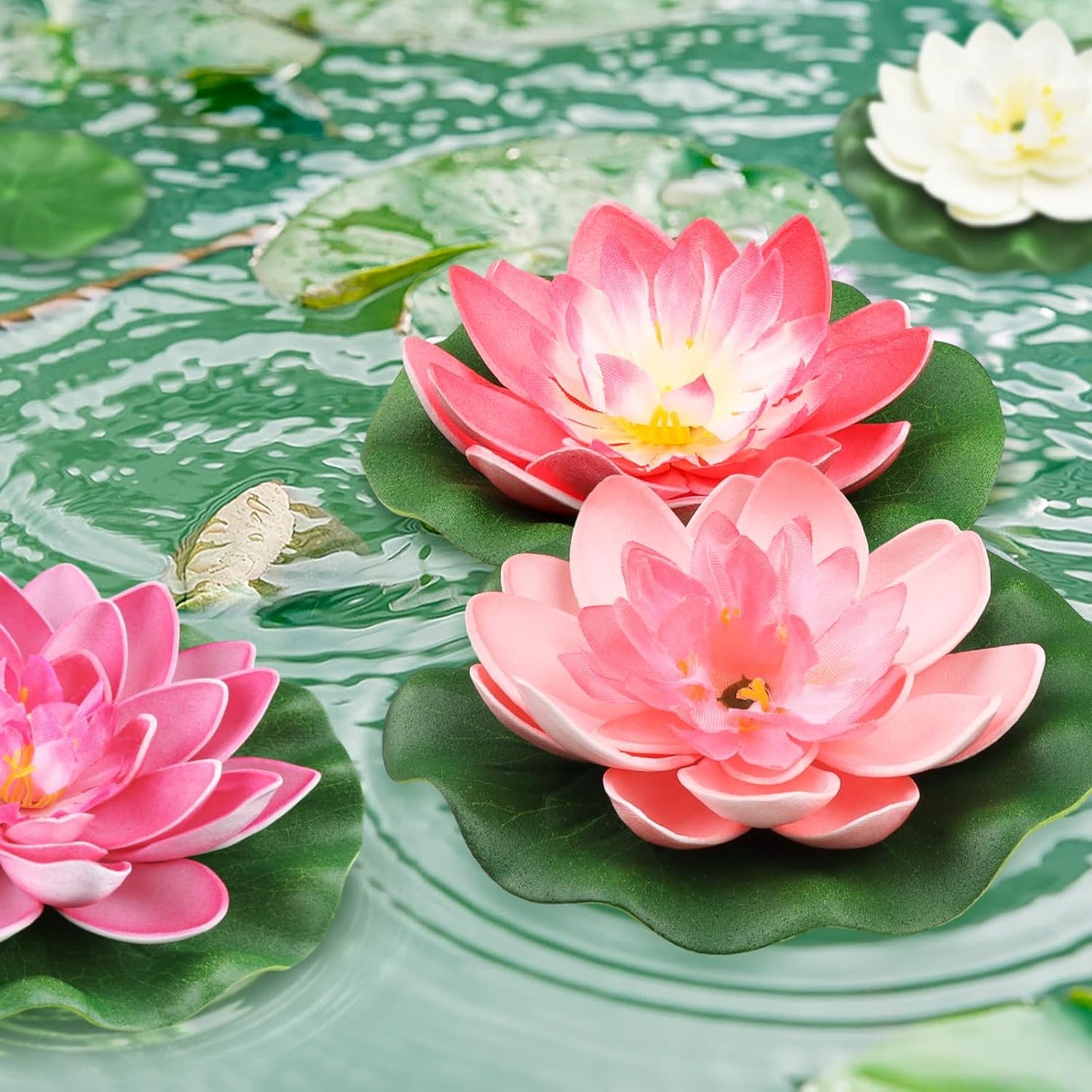10PCS 3 Sizes Artificial Foam Lotus Floating Flowers with Water Lily Pad Ornaments for Home Garden Pond Decor Pools Water Decorations, Pink and White