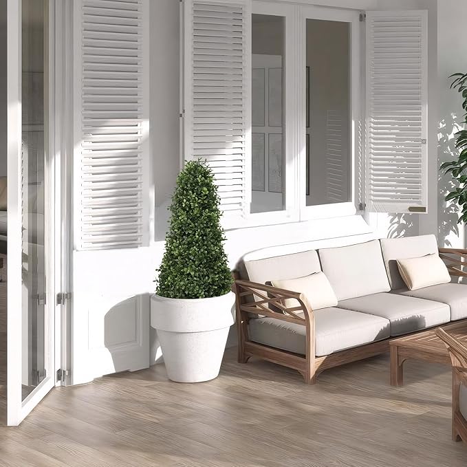 3ft Artificial Boxwood Topiary Trees (Set of 2) - UV Resistant Faux Plants Outdoor, Realistic 36" Fake Cone Bushes and Shrubs for Front Porch, Planter, Patio - Low Maintenance & Evergreen