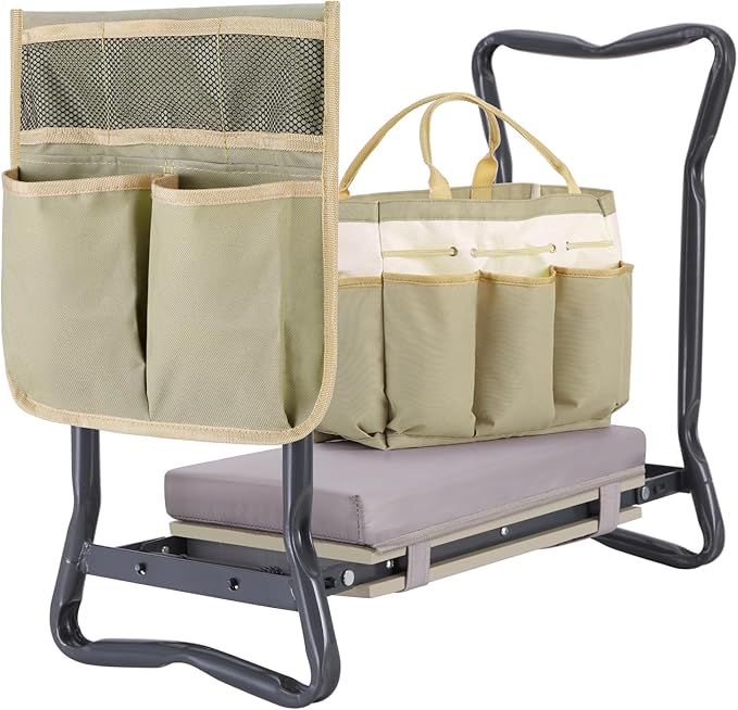 Ohuhu Upgraded Garden Kneeler and Seat 2-in-1 Foldable Gardening Stool with Detachable Soft Kneeling Pad, Garden Bench Heavy Duty with Large Tools Bag and Pouch, Gifts for Women Men Seniors Gardener