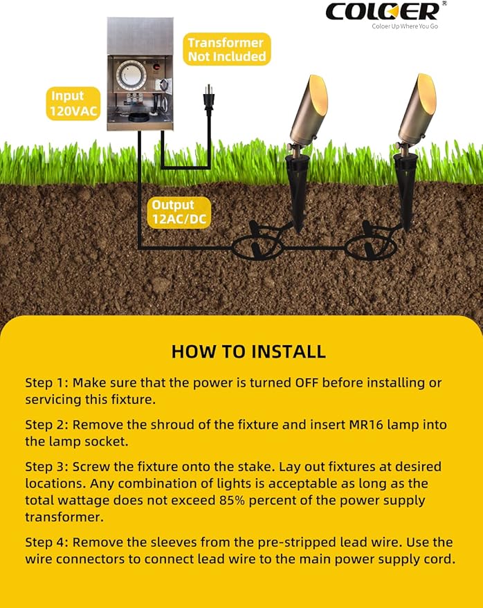 COLOER Die-cast Brass Landscape SpotLights Outdoor, 12V AC/DC Low Voltage Adjustable Yard Lighting, Garden Patio Trees Directional Spot Up Light(103B,Bronze, 12-Pack Without Bulb)