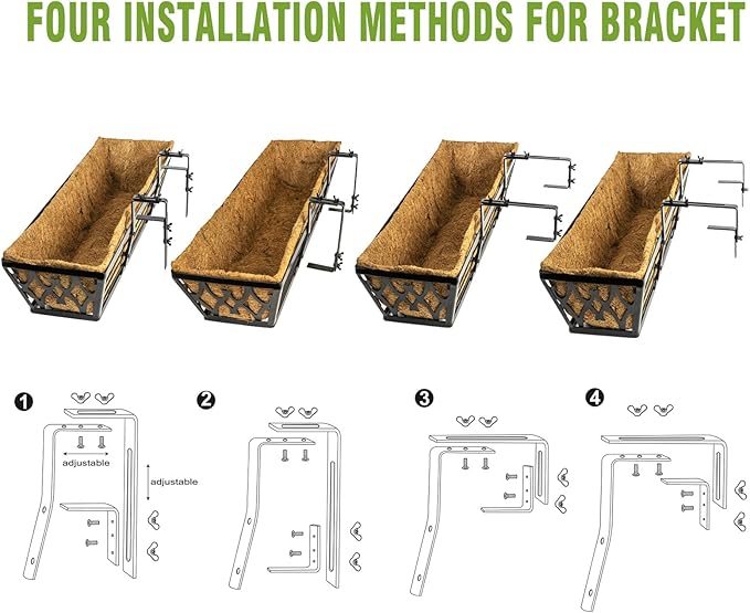 4 Pack 30 Inch Window Boxes Planters Railing Planter Box with Adjustable Brackets for Porch Fence Patio Balcony Hanging Flower Baskets with Coco Liners for Outdoor Garden Decor - Bronze