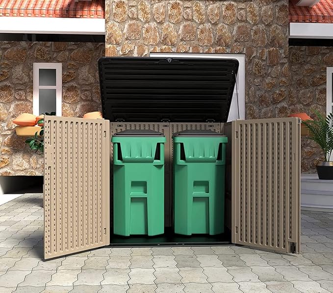 HOMSPARK Storage Shed Weather Resistance, Multi-Purpose Outdoor Storage Cabinet for Backyards and Patios, Horizontal Storage Shed for Lawnmower, Patio Accessories (Coffee, X Large - 48 cu.ft)