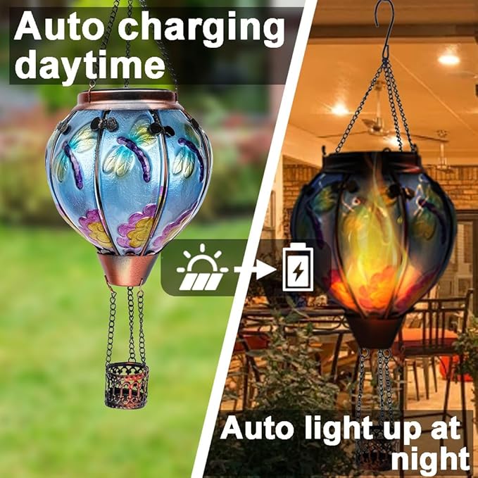 2PC Hot Air Balloon Solar Lantern with 2PC Shepherd Hook, Flickering Flame Hanging Solar Lanterns Outdoor Lights Waterproof Lanterns Decorative Garden Patio Yard Party Decor (Dragonfly)