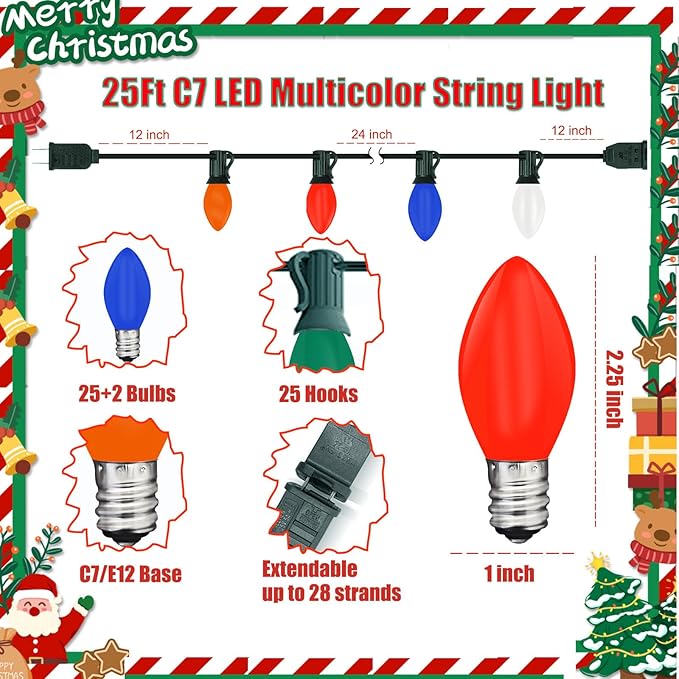 C7 LED Multicolor Christmas String Lights, 25Ft Outdoor Patio String Lights with 27 Colorful LED Bulbs(2 Spare), Hanging Vintage Christmas Lights for Christmas Tree Patio Wedding Porch Holiday Decor