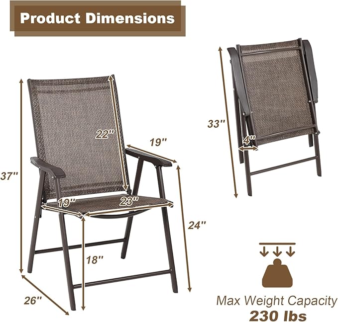 Aoodor Folding Patio Dining Chairs Textilene Fabric, Outdoor Steel Frame for All Weather Use, Fit for Porch, Lawn, Yard, Set of 4, Brown