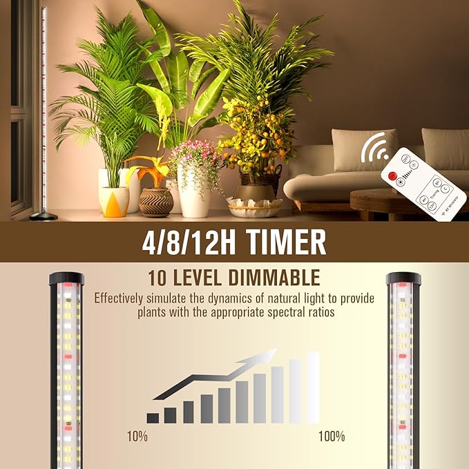 bedee LED Grow Light for Indoor Plants: 50 Inch Full Spectrum Plant Lights for Seed Starting with Timer and 10 Level Dimmable Standing Plant Growing Lamp for Greenhouse with Hanging Accessories
