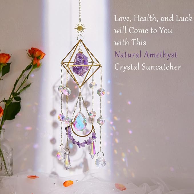 Amethyst Crystal Suncatcher - Hanging Gold Plated Garden Sun Catcher for Windows, Healing Amethyst Crystal Decor for Home, Gift for Christmas Birthday Valentine Mothers Day