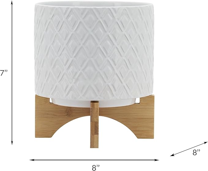 8" Ceramic Planter Stand, White Diamond Design with Wooden Base, Indoor/Outdoor Planter with Stand for Your Succulents and Small Plants