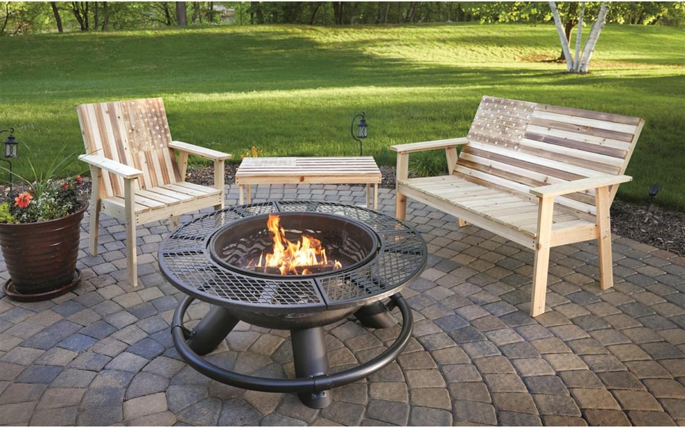 Castlecreek 47" Fire Pit BBQ Grill Outdoor Wood Burning Steel Log Firepit for Camping, Grilling, Smores, Yard, Cooking Outside, Barbecue, Bonfire Geometric