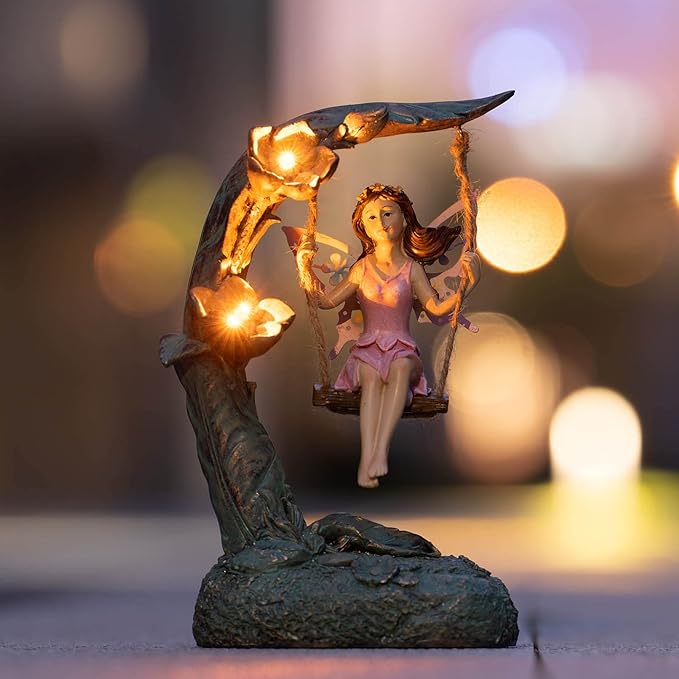 Garden Flower Fairy Outdoor Statue, Patio Lawn Yard Porch Decor, Funny Swing Ornaments, 9.05 Inches Tall