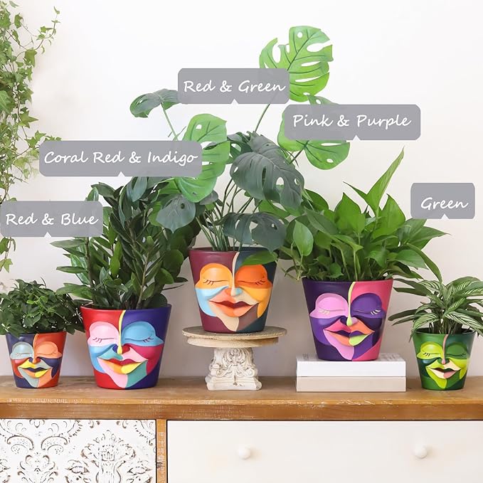 GUGUGO 8 Inch Abstract Rainbow Head Planter, Unique Face Plant Pot with Drainage, Cute Eclectic Flower Planters Pots for Indoor & Outdoor Plants, Colorful Funny Room Decor Aesthetic, Red & Blue