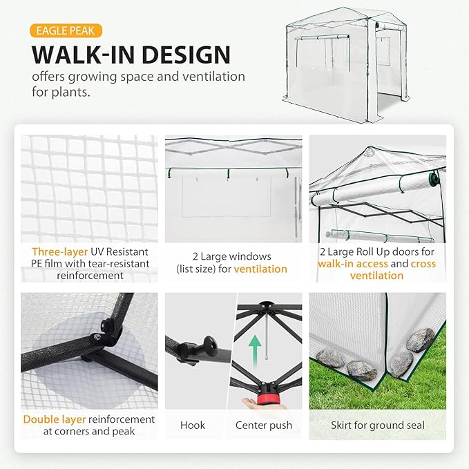 EAGLE PEAK 8x6 Portable Walk-in Greenhouse, Pop-up Indoor Outdoor Garden Green House, Zippered Doors and Windows, PE Cover, White