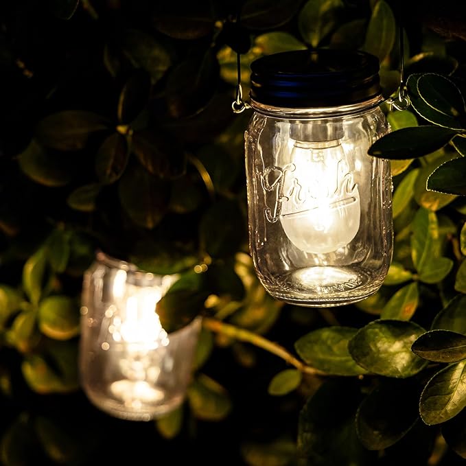 MJ Outdoor Mason Jar Lights Hanging Battery Operated Lamp Timer Cordless Lamps 2-Pack LED Decorative Garden Lanterns Glass Light for Patio Camping Courtyard Backyard Tree Hallway Stairs( Transparent)