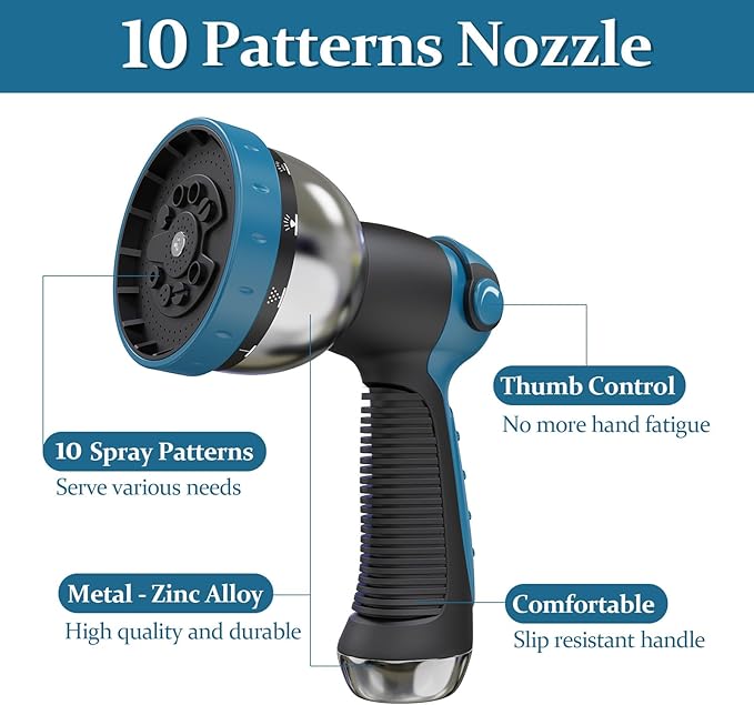 Garden Hose 50ft Made of TPE(BetterThan PVC), with 10 Patterns Sprayer Nozzle, Ultra-Light & Flexible Water Hose with Solid Brass Fittings, Non-Shrinking, Easy to Storage, Drinking Water Safe Material