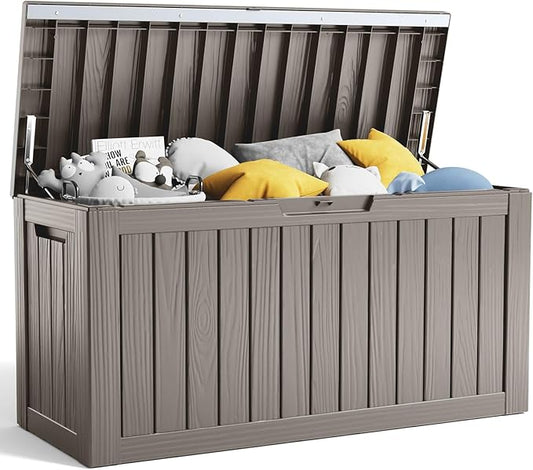 80 Gallon Resin Deck Box, Lockable Patio Outdoor Storage Box for Furniture, Garden Tools and Tools Storage, Waterproof Outside Storage Boxes - Grey