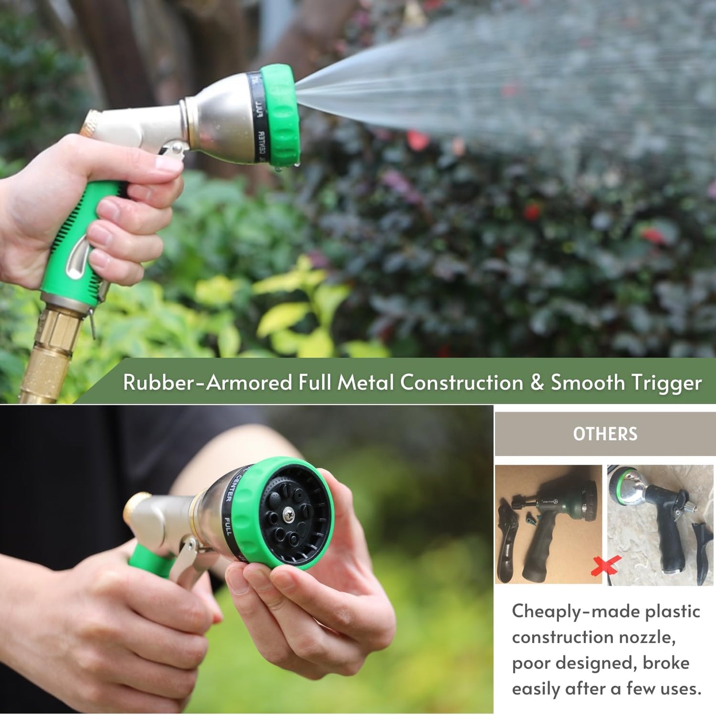 HOSUN Garden Hose Nozzle Sprayer Heavy Duty, 100% Metal Water Hose Nozzle with 8 Spray Patterns, High Pressure Hose Spray Nozzle with Non-Slip Grip for Watering Plant & Lawn, Washing Car & Pet, Green