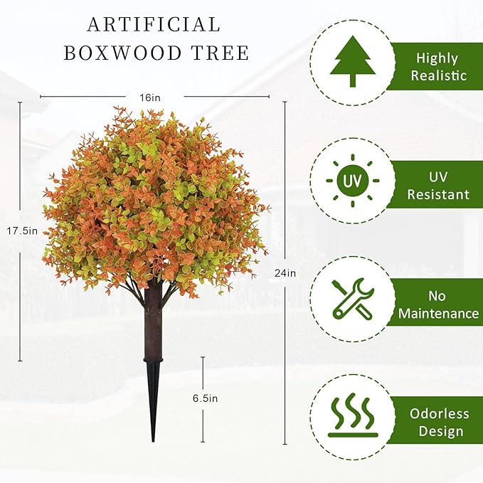 24" Fall Plants Artificial Boxwood Topiary Trees, UV Resistant Faux Bushes with Ground Spike, Fake Shrubs for Outdoor Planters, Front Porch, Patio, Yard Decor Set of 2