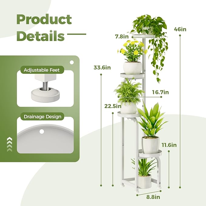 Bamworld Corner Plant Stand Indoor Outdoor, Tall Metal Flower Pot Stands for Multiple Plants, 4 Tier White Heavy Duty Plant Shelf for Patio Garden Balcony Living Room Bedroom(Patent Design)