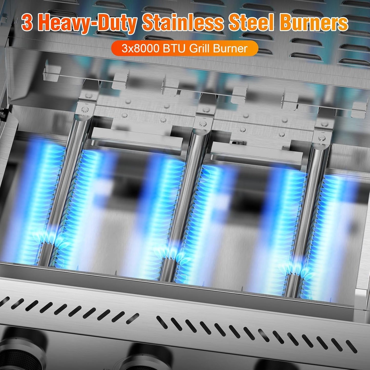 3-Burner Gas Grill with Folding Side Tables,Stainless Steel 24,000 BTU BBQ Grill,Outdoor Propane Grill for Barbecue,Patio,Camping