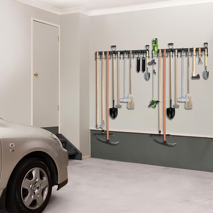 LEYU Metal Garage Tool Organizer Wall Mount, 2 Pack Garden Tool Organizer With Extension Cord Straps, Garage Organization Hooks and Hangers for Shed, Yard Storage, Wall Holder for Hanging Broom Mop