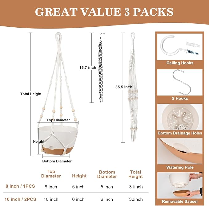 3 Pack Hanging Planters for Indoor Plants, 10 + 10 + 8 Inch Self-Watering Hanging Plant Pot, Macrame Plant Hanger with Pot, Ceiling Hooks, Removable Saucer and Drainage Holes for Garden Home - White