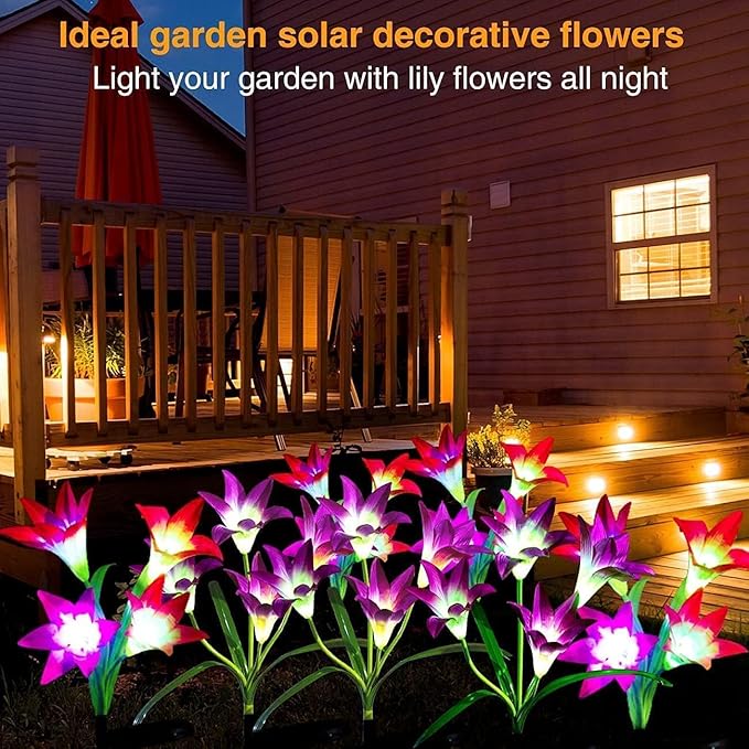 ANGMLN 4 Pack Solar Flowers Lights,16 Bigger Head Solar Lily Flowers, 7 Color Changing Pathway Lamps for Garden Patio Yard Party Wedding Holiday Outdoor Garden Stake Decoration(Purple2&White1&Pink1)
