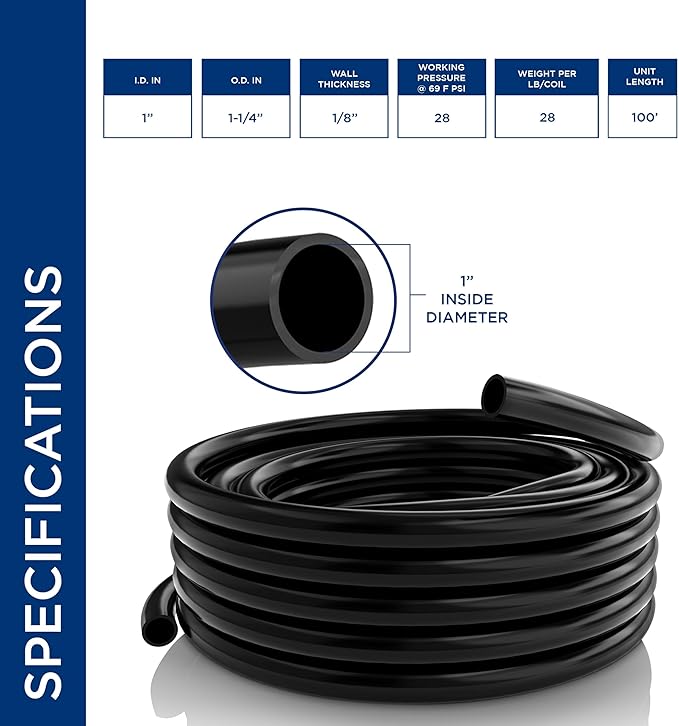 Alpine Corporation 100 Ft. PVC Tubing with 1" Inside Diameter for Ponds and Fountains, Black
