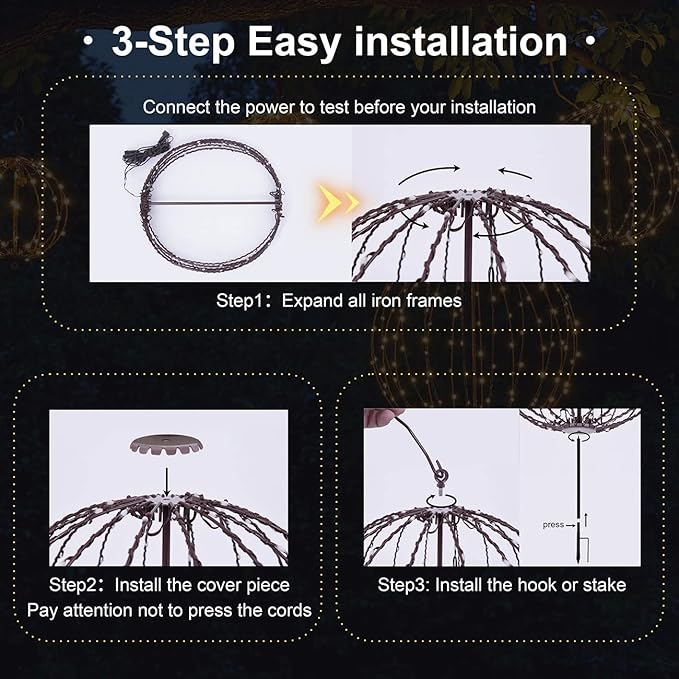 Christmas Ball Sphere, 16IN 128LED Hanging Tree and Pathway Light With Hook and Stake, Foldable Metal Frame Ball for Outdoor Garden, UL Listed, Brown Frame, RGB