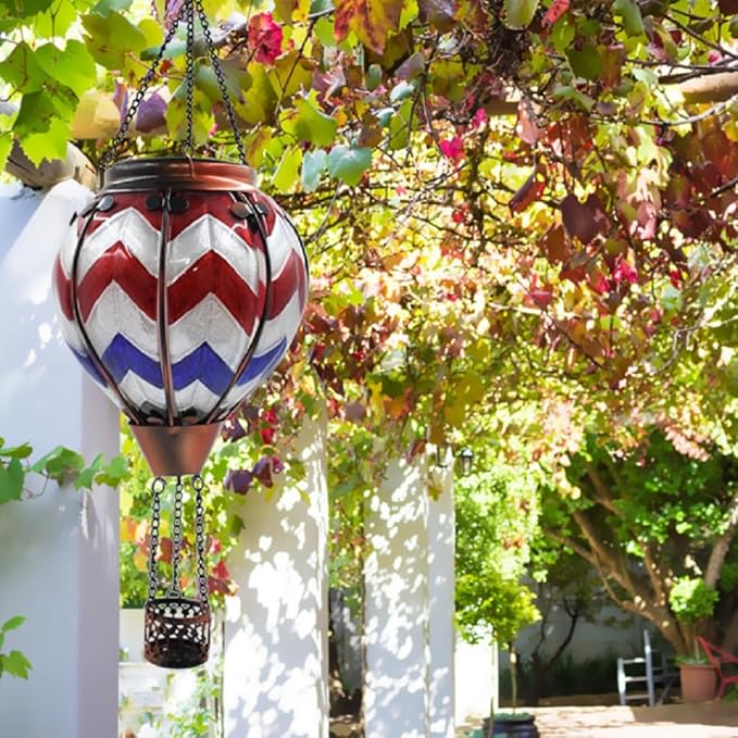 2PCS Solar Hot Air Balloon Lanterns with Flame with Shepherd's Hooks, Glass Hanging Flickering Lights Outdoor Waterproof for Garden Tree Yard Patio Mother's Day Gift, 18" H Wavy