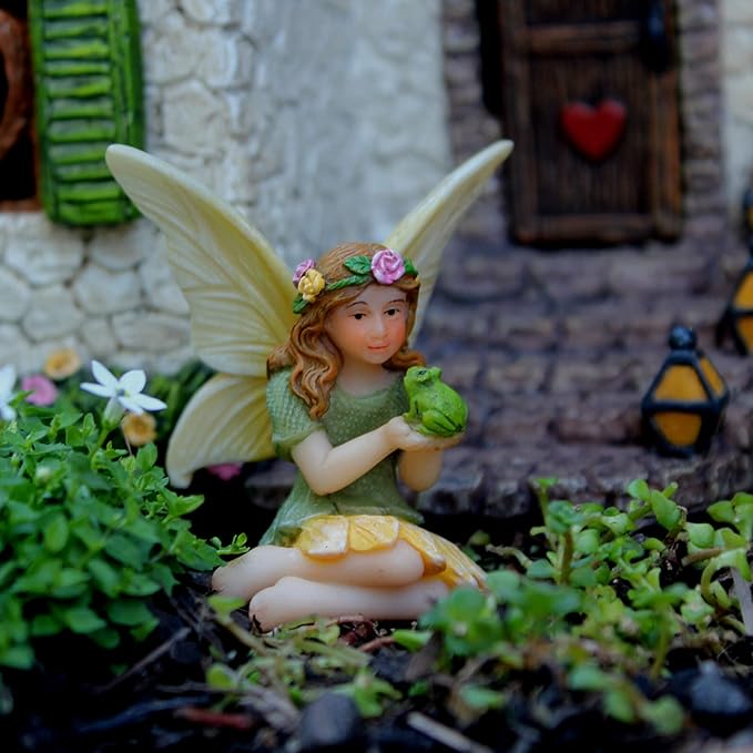 Fairy Garden House Kit – Complete with Accessories, House 7” High with Door That Opens & Fairies for Outdoor Gardens – 4 Pieces