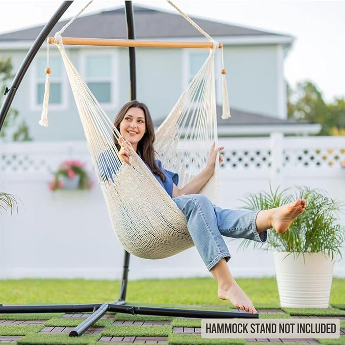 JoyView Hammock Chair with Spreader Bar Caribbean Hammock Swing Chair 300 LBS Weight Capacity XL Rope Hanging Chair for Outdoor Indoor Garden Yard - Green