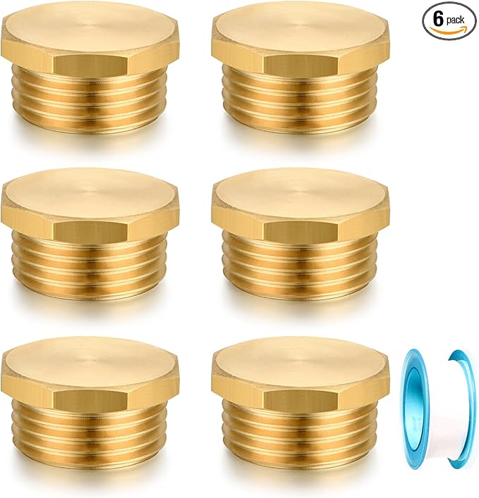 3/4" GHT Male Brass Pipe Plug Outer Garden Hose Male Threaded End Cap Plug Garden Irrigation Pipe Fittings Water Tubing Stopper （6 PCS）