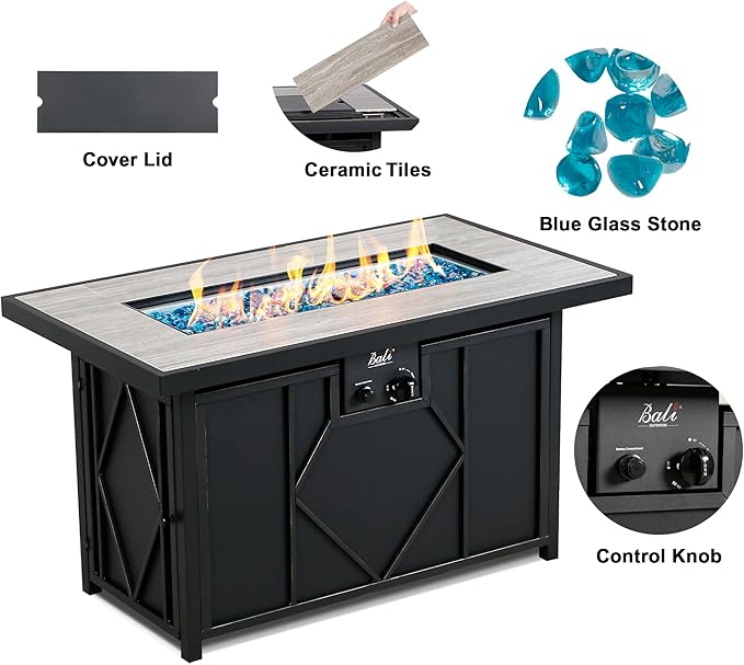 BALI OUTDOORS Fire Pit Table Propane Gas Firepit Rectangular Fire Table 42In 60,000 BTU for Outside Patio Backyard Deck Balcony