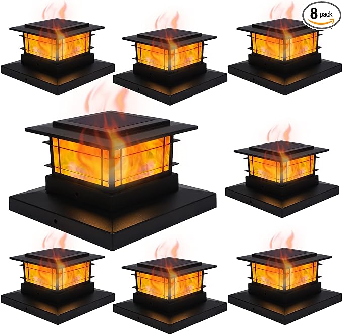 Dynaming 8 Pack Solar Flame Post Lights Outdoor, Solar Powered Fence Post Cap Lights, High Brightness Flickering Flame SMD LED Lighting Decor for Garden Deck Patio, 4x4, 5x5 or 6x6 Vinyl/Wooden Posts