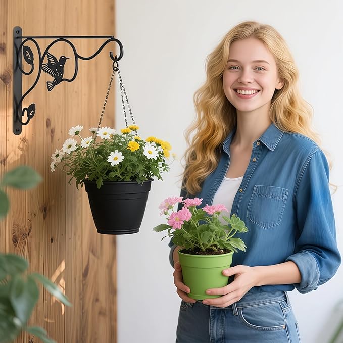 2 Pack Heavy Duty Plant Hooks for Hanging - 12 Inch Metal Wall Hangers Indoor/Outdoor, Sturdy Plant Bracket for Bird Feeders, Planters, Lanterns, Wind Chimes - Patio, Garden, Home Decor (Black)