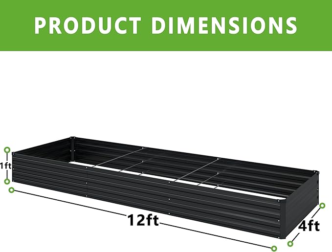 2PCS 12x4x1FT Galvanized Raised Garden Bed Kit,Vegetable Boxes-Rectangle Metal Flower Box,Large Planter Raised Beds Outdoor Garden for Planting,Fruit,Herb-Black