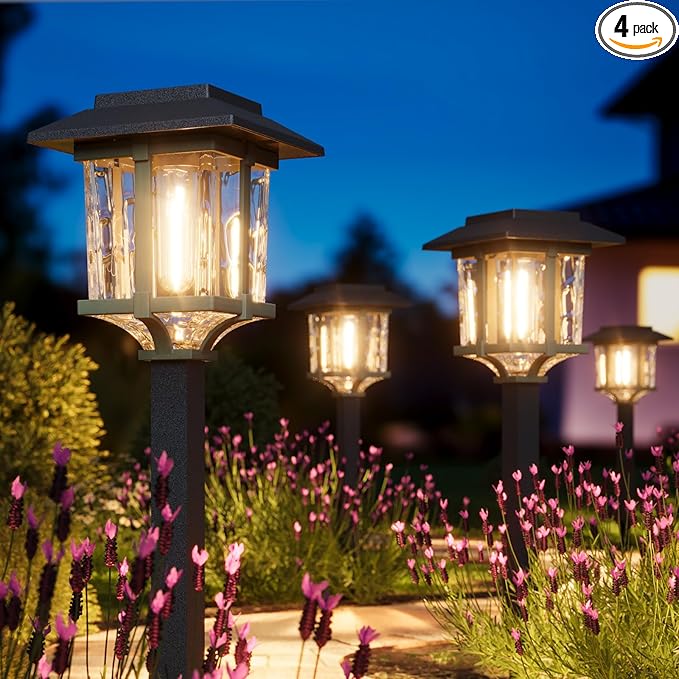 XMCOSY+ Solar Pathway Lights Outdoor, 2-Tone LED Waterproof Garden Outdoor Lighting for Yard Stainless Steel & Glass Solar Powered Landscape Walkway Driveway Decor (Warm White)